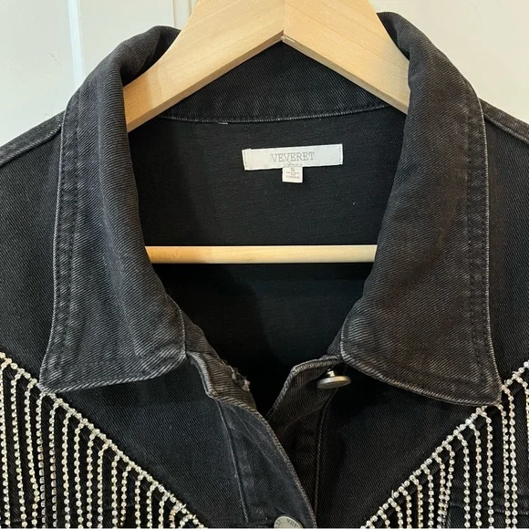Cowgirl Rhinestone Fringe Black Denim Jacket, VEVERET sz 18. Trucker Glam Biker - Picture 11 of 11